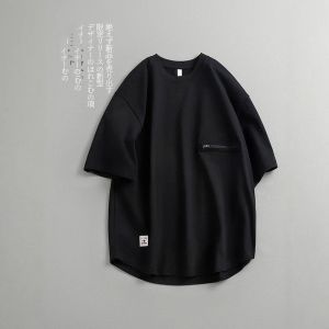 Loose Fit Zipper Short Sleeve Pure Cotton T-Shirt Mens Design Summer Top Vintage Heavyweight Japanese Style Half Sleeve