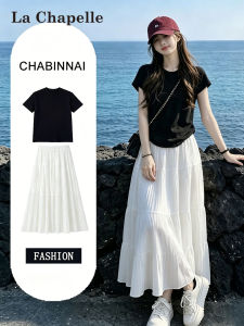 La Chapelle | Summer Thin White Chiffon Pleated Midi Skirt and Black Short Sleeve Top Two-piece Set