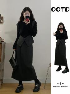 Elegant plus Size Two-Piece Set Womens High Waist Mini Skirt Fashionable Korean Style Slim Fit Long Sleeve round Neck Outfit