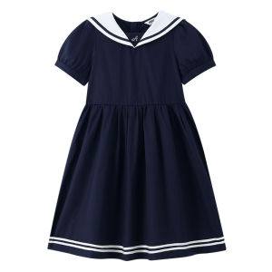 Annil | Đầm Tay Ngắn Cotton Cho Bé Gái Phong Cách Thể Thao Duyên Dáng Màu Hải Quân Rộng Rãi