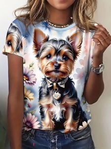 Pastel Floral Puppy Womens Tee - Cute Yorkie & "Love" Tag Graphic Sweet Pet Print Design for Casual Daily Wear