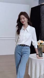 AMMIN 2025 Spring New White Small Point Collar Satin Draped Shirt for Women Korean Style Simple Turn-down Collar Pocket Single-breasted Professional Commuting Long Sleeve Elegant Blouse