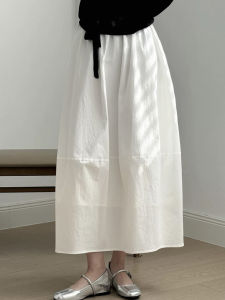 กระโปรงทรงหลวมเอวสูงผ้าไหมพิมพ์ลายดอกไม้สีขาว กระโปรงทรงหลวมเอวสูงสไตล์เกาหลีสำหรับผู้หญิงในช่วงฤดูร้อน