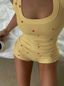 Nibber สบายหัวใจพิมพ์ 2 ชิ้นชุดชุดสตรีสแควร์คอ Crop Tops + กางเกงขาสั้นยืดสาวหวานแฟชั่นชุด