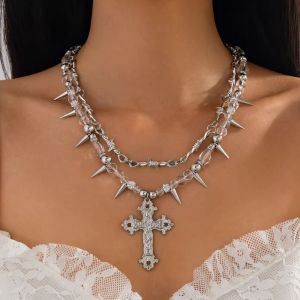 Lacteo Punk Double-layer Imitation Crystal Jesus Cross Pendant Necklace Exaggerated Conical Needle Shaped Neck Accessory Jewelry