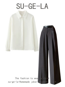 Professional Womens Fall Suite Long Sleeve White Shirt Workwear Casual Western Pants Two-Piece Set