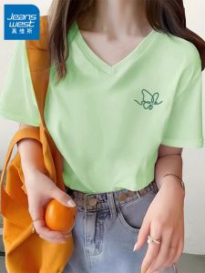 True Weave Womens Slim Fit Short Sleeve T-Shirt Pure Cotton V-neck Design Summer Fashion Top Street Style Printed Casual Tee