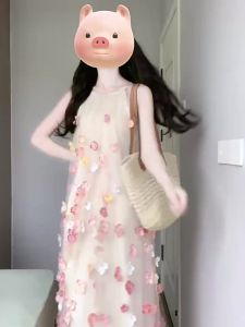 CHANGTONG | Floral Design Holiday French Style Halter Neck Sleeveless Dress
