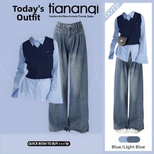 TIANANQI | Mature Casual Stripe Shirt Vest and Jeans Combination