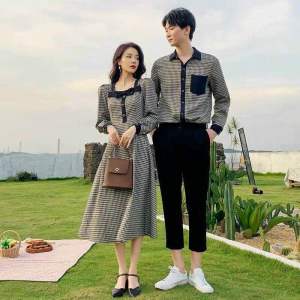 Set đầm đôi caro đen trắng đầm nữ phối nơ và nút xinh xắn nữ tính