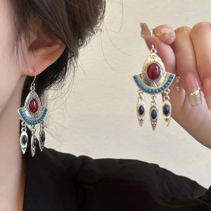 Exaggerated Ethnic Style Alloy Green Turquoise Tassel Pendant Drop Earrings  out New Fashion Jewelry Womens Accessory