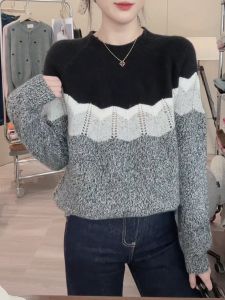 SUOXIMENG | Large Size Spliced Striped Round Neck Hollow Out Sweater Womens Fashion Trend Autumn New Style Commute Anti-Aging