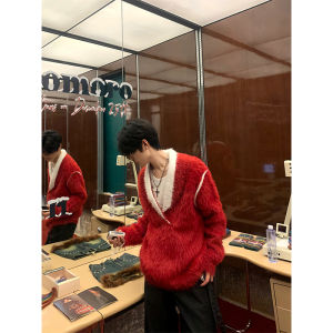 เสื้อสเวตเตอร์ถักสีแดงสำหรับฤดูใบไม้ร่วงและฤดูหนาว เสื้อคลุมกันหนาวแบบสวมหัวสำหรับวัยรุ่น สไตล์ลำลอง สีสันสดใส ปกติ