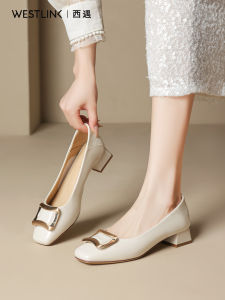 Square Buckle Shallow French Style Womens Low Heel Shoes