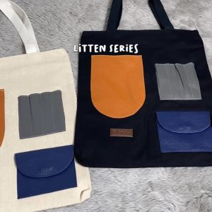Pamole - Tote bag Kanvas Penutup Resleting Kombinasi Saku Kulit Pakai Lapisan Furing - Litten Series