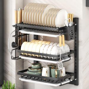 Kitchen Wall-Mounted Drainage Rack No-Punching Dish Drainer Storage Shelf Metal Material 2-3 Layers Creative Style Tableware Organizer