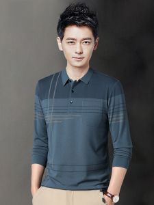 ROMON | Lormen Mens Long Sleeve Polo Shirt Spring Autumn Patterned T-Shirt Casual Top For Middle-Aged And Elderly Business Casual