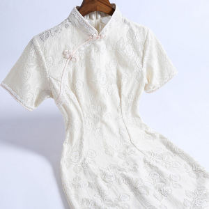 Summer Style Short Cheongsam Dress Young Girls Elegant Polyester Fiber Low Slit Short Sleeve Pure Color Daily Wear