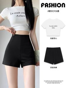 Black High-Waist A-Line Mini Shorts Womens Summer Sporty Base Layer Tight Hot Pants Korean Style Straight Leg Polyester Fiber