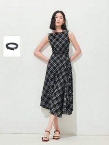 Vero Moda | Check Patterned Mid-Length Office Dress with Belt Lyocell & Wool Blend