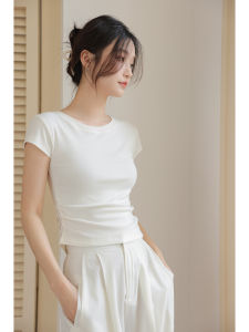White T-shirt for Women Silm Shoulder round Neck 2024 New Arrival Spring and Summer Cotton Short Sleeve High Waist Short Peplum Top