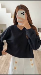 Blouse Wanita Crop Waffle Rajut Leher V-Neck Korean Style Terbaru