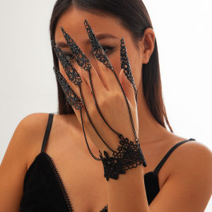SHIXIN Gothic Black Lace Open Nail Rings for Women Vintage Adjustable Connecting Hand Bracelet Halloween Jewelry Y2K Accessories