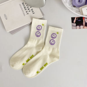Cute Smiling Face Letter Pattern Womens Cotton Socks Mid-Calf Spring Autumn Korean Style Home Comfortable Breathable Socks