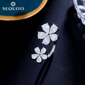 SEQUITO High Quality Women Paved Sparkling White Waterdrop AAA Cubic Zircon Stones Opening Flower Ring Korean Style Silver Plated Adjustable Finger Jewelry for Dinner Banquet SR088