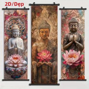 VIKAMA Zen Lấy Cảm Hứng Từ Phật Hoa Sen Cuộn Thảm Treo Tường Dọc Trang Trí Nhà 100% Polyester Không Dệt