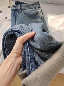 YUFUQING | กางเกงยีนส์ขากว้างเอวสูงบุขนแกะสไตล์ย้อนยุคสไตล์อเมริกันสำหรับผู้หญิง กางเกงขายาวทรงตรงหนาฤดูใบไม้ร่วง/ฤดูหนาว