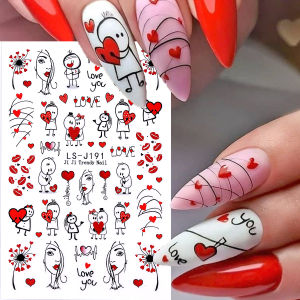 Sweet Valentines Day Nail Art Stickers - 3D Hearts Desserts Bow Irregular lines beautiful womens portraits Red Hearts Lips