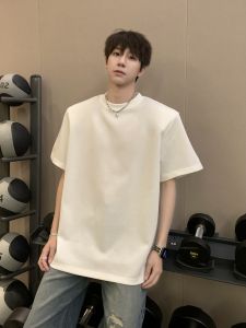 JKSPACE Basic Solid Color Detachable Shoulder Pad Short Sleeve T-Shirt Men Summer round Neck Loose Half Sleeve Top