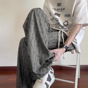 Quần Dài Nam Vải Lụa Băng Kẻ Caro Mùa Hè Mỏng Rộng Rãi Ống Đứng Mát Mẻ Quần Dài Thường Ngày Phong Cách Mỹ Cổ Điển