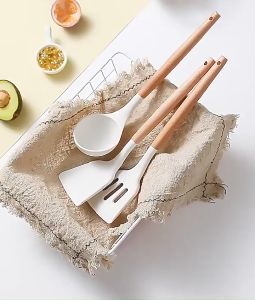 Nipiin Wooden Handle Food Grade Heat-resistant Non-stick Silicone Kitchen Cooking Utensils Set White Spatula Ladle Slotted Spatula