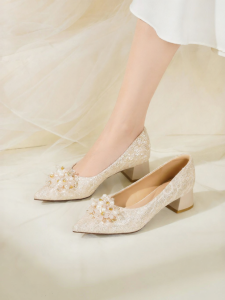 Josiny | Pointed Toe Bridal High Heels Coarse Heel Comfortable Single Shoes