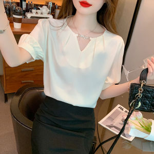 Ammin mùa hè mới đơn giản thời trang v-cổ chữ khoét rỗng kim loại chữ Tranh bán chạy kim cương sáng ngắn tay khâu đính đi lại Áo voan nữ phong cách phiên bản Hàn Quốc cổ điển ép ngọt ngào Áo Blouse thanh lịch tay áo phồng