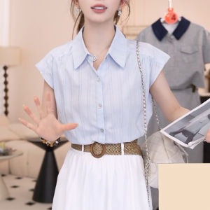 Shalldoer | Fashionable Anti-Aging Short Sleeve Shirt Womens New 2025 Single Row Multi-Buckle Turn-down Collar Vertical Stripes Top