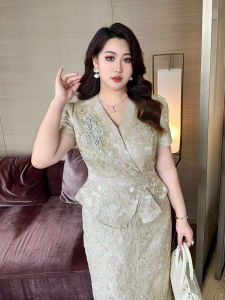 GLEC | Large Size Elegant Retro Lace Up Summer New Two-piece Look Dress