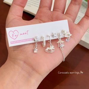 Delicate Silver Earrings Set Cartoon Horse Design Circle Hoops for Women Fashionable Allergy Free Non-Fading Waterproof