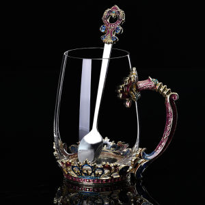 Luxurious European Style Enamel Glass Tea Cup with Lid and Spoon