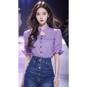 Stylish Korean Style Purple Short Sleeve French Shirt Womens Summer New Arrival Anti-Aging Trendy Top by Yichengmei