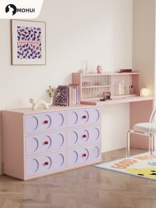 MOHUI | Dopamine-style Pink Integrated Wooden Dressing Table with Storage