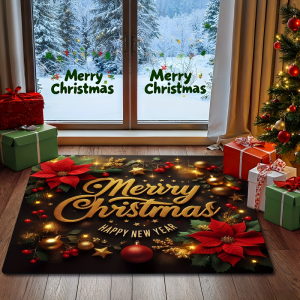 VIKAMA Merry Christmas Happy New Year Doormat Golden Poinsettia Christmas Ball Non Slip Indoor Front Entrance Holiday Rug