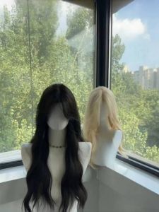 Womens Long Curl Wig Full Head Natural Looking Human Hair Parting Middle Part Korean Style Hair Change Age Reduction