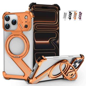 Natural Titanium for iPhone 17 Pro Max 16 15 Case 360° Rotating Magnetic Holder Aluminum Metal Frameless Design Bumper Z-Shaped Shockproof Protective Cover (OrangeiPhone 17 Pro max)