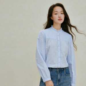 INMAN | French Lace Cotton Long-sleeve Shirt with Ruffled Edge and Floral Lace Collar
