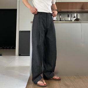 DAVID&ME | Light Thin Double Pleated Semi-elastic Waist Loose Wide Leg Casual Pants