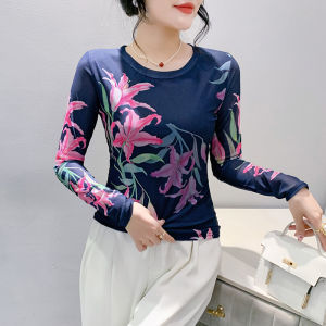 REHIN Womens Top Round Neck High Elastic Mesh T-Shirt Summer Printed Long Sleeve Slim Fit Elegant Blouse