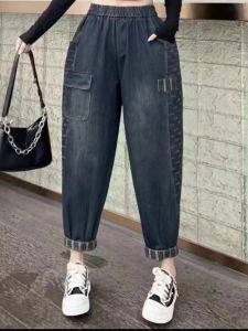 กางเกงยีนส์ทรงหลวมเอวยางยืดสไตล์ฮาราจูกุสำหรับผู้หญิงไซส์ใหญ่ กางเกงขายาวทรงหลวมสบาย ๆ ทรงหลวม สไตล์ย้อนยุค แฟชั่นฤดูใบไม้ร่วง 2024